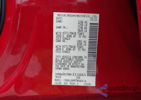 2011 Nissan Titan Pro-4X из США, поврежденный, VIN 1N6BA0EC9BN315665